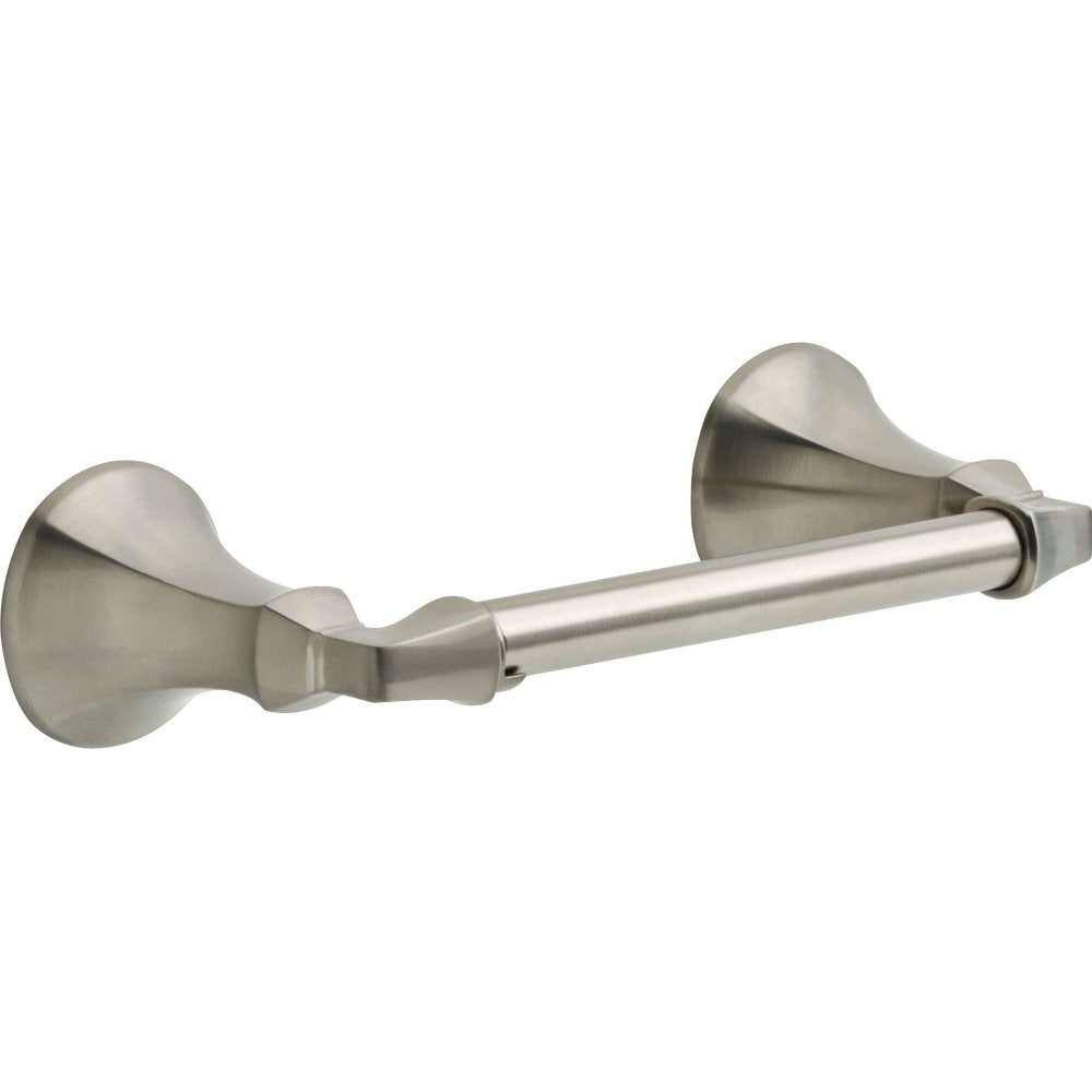 Brushed nickel toilet paper holder with curved wall-mounted brackets and horizontal bar.
