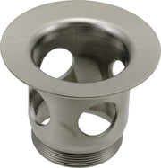 Brushed nickel drain flange with wide circular collar and mounting holes on cylindrical body.