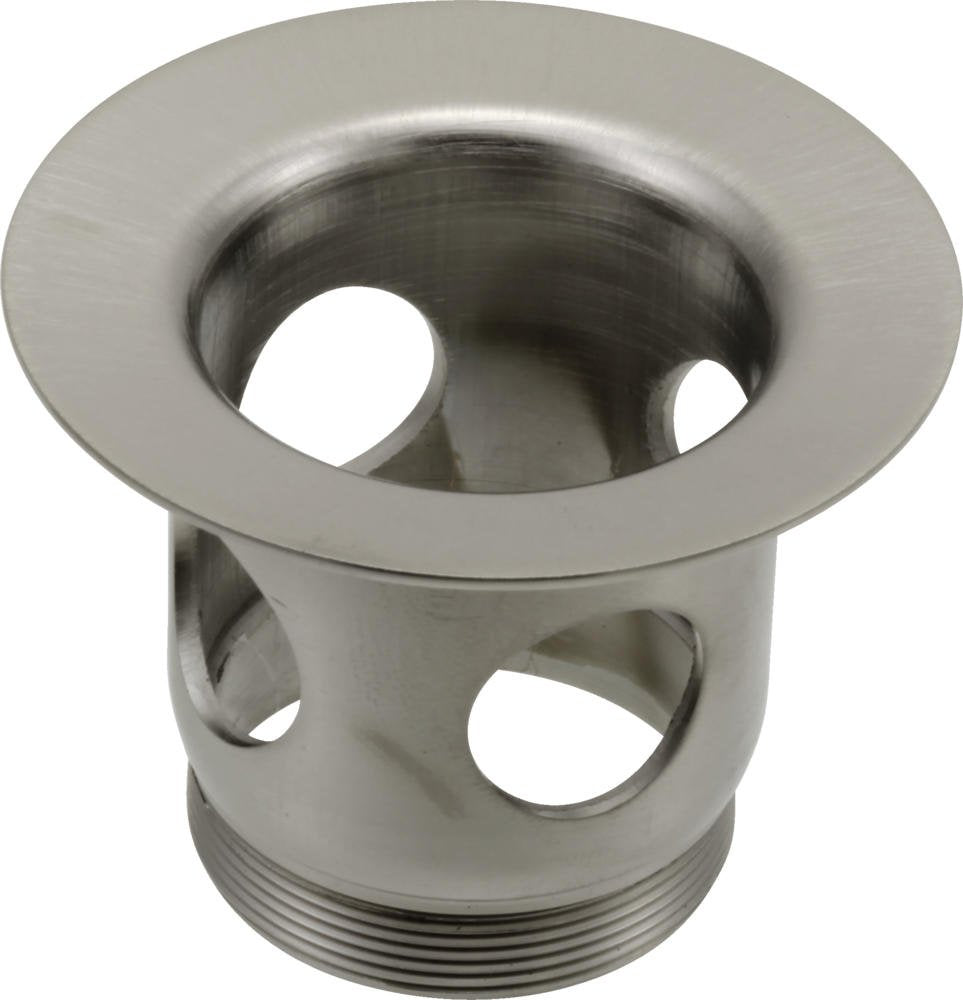 Brushed nickel drain flange with wide circular collar and mounting holes on cylindrical body.