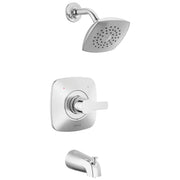 Chrome showerhead with rounded square trim, wall-mounted valve control, and tub spout in brushed nickel finish.