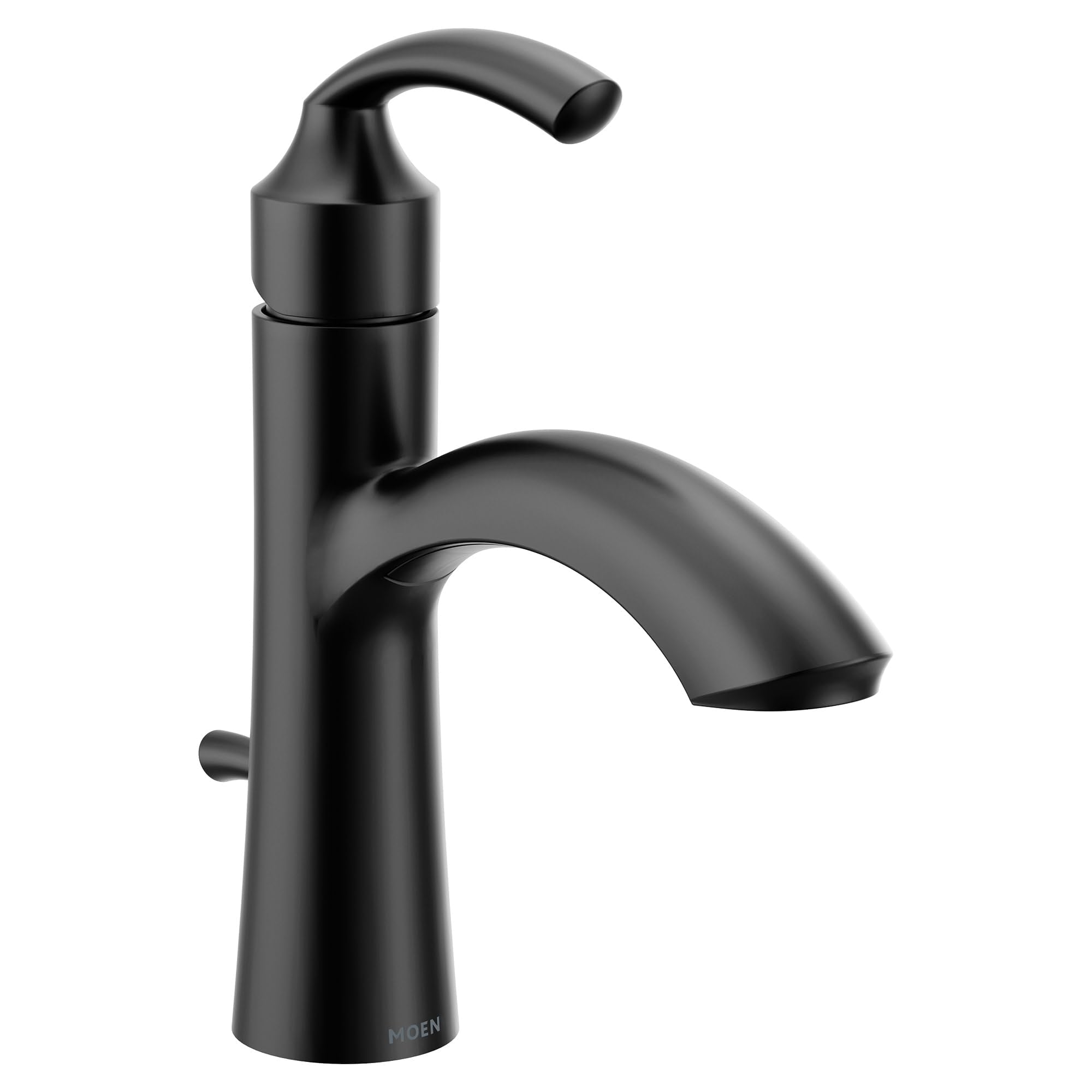 Matte black single-handle bathroom sink faucet with curved spout and cylindrical body.