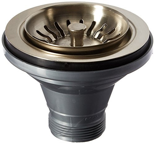 Satin nickel basket strainer with black rubber gasket and threaded drain connection.