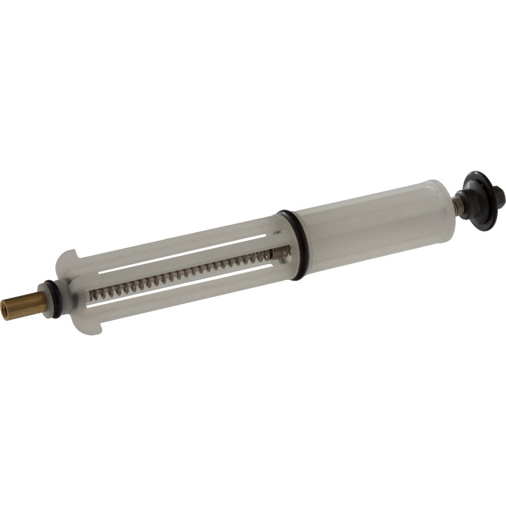 Gray cylindrical diverter valve assembly with internal spring mechanism, brass inlet, and black rubber end caps.