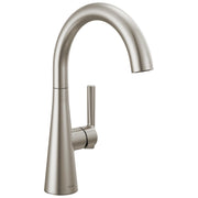 Stainless steel single-handle bar prep faucet with curved spout and cylindrical handle.