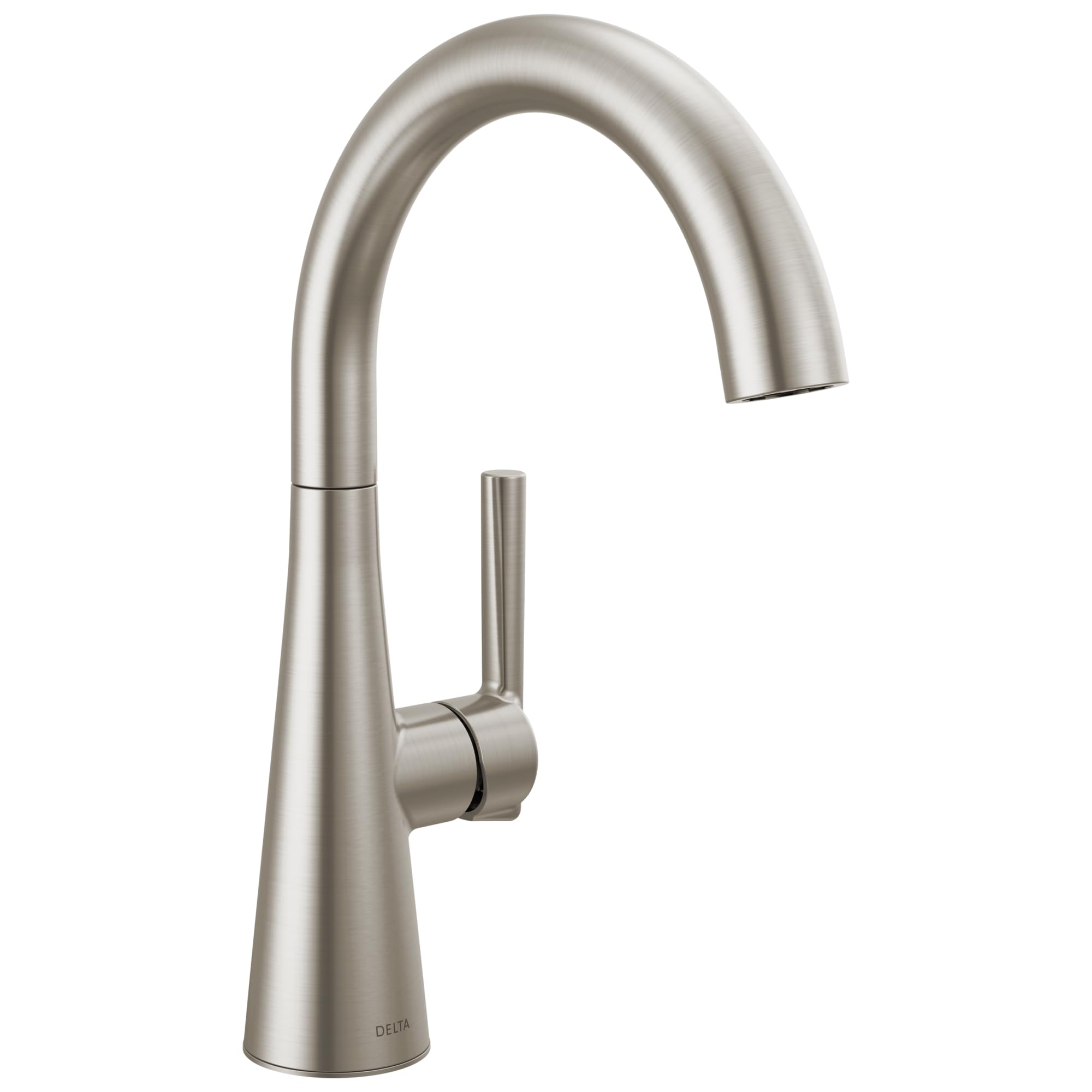 Stainless steel single-handle bar prep faucet with curved spout and cylindrical handle.