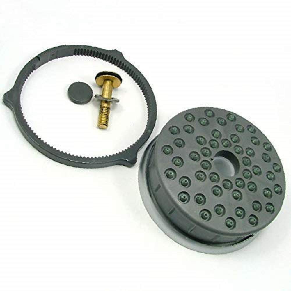 Chrome spray face plate with multiple outlet holes, shown with brass screw and rubber gasket assembly components.