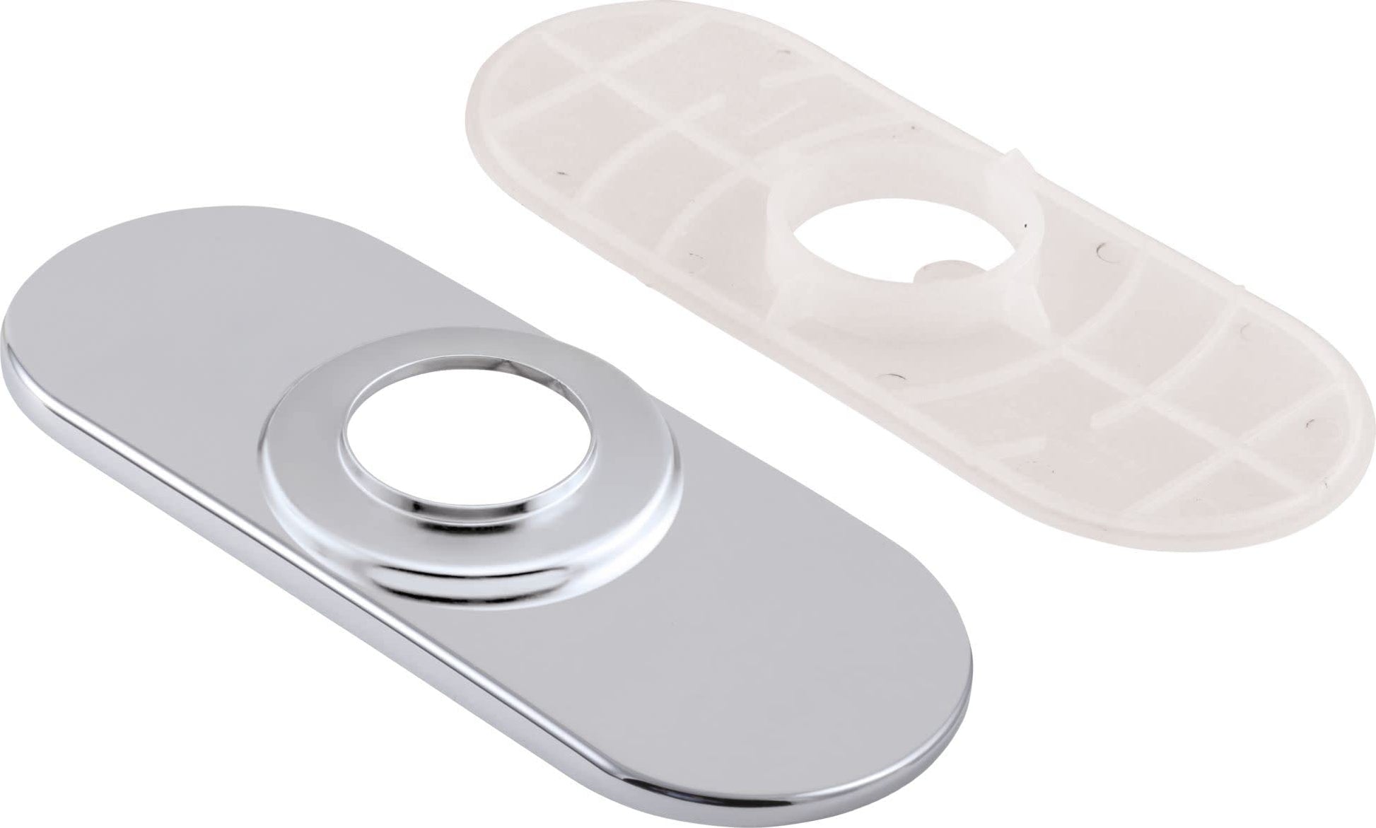 Chrome-finish escutcheon with circular opening and white rubber gasket backing.