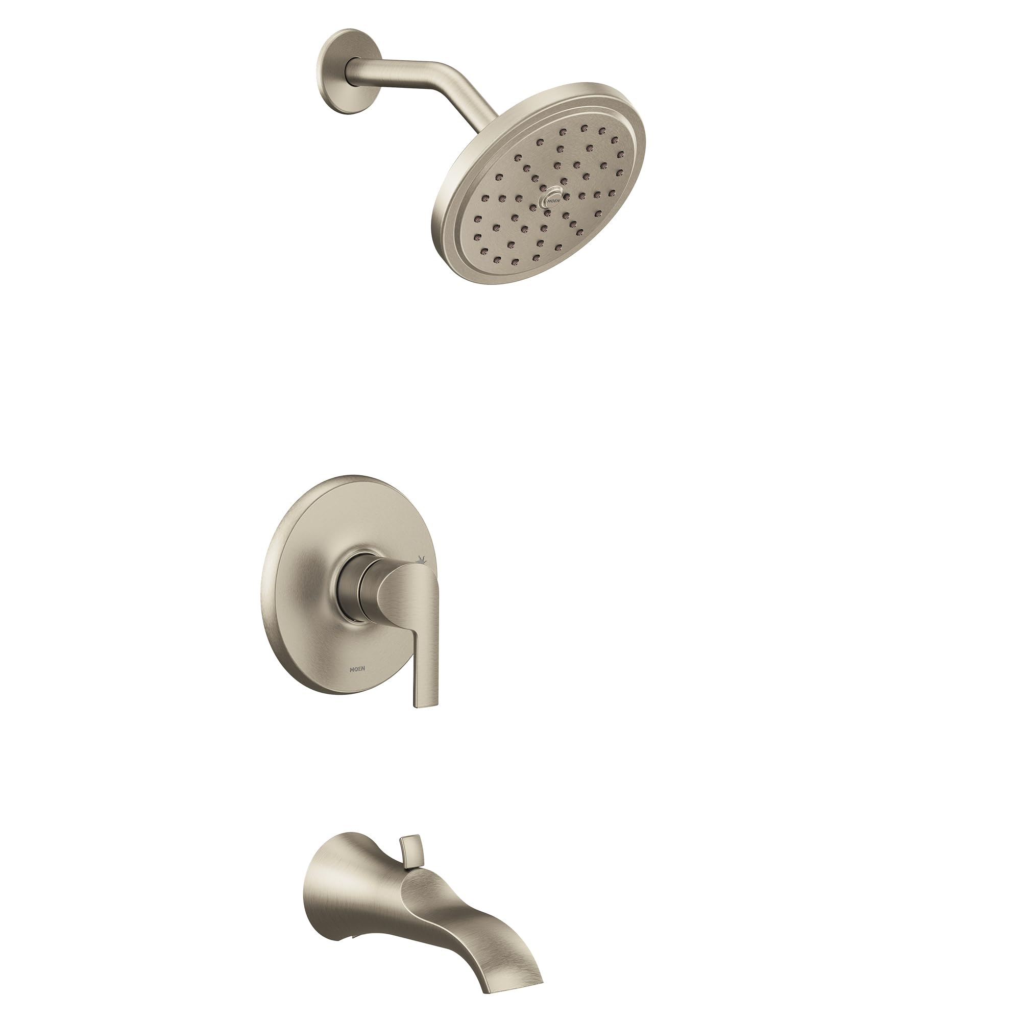 Brushed nickel tub and shower trim kit with single handle lever, showerhead, and curved tub spout.