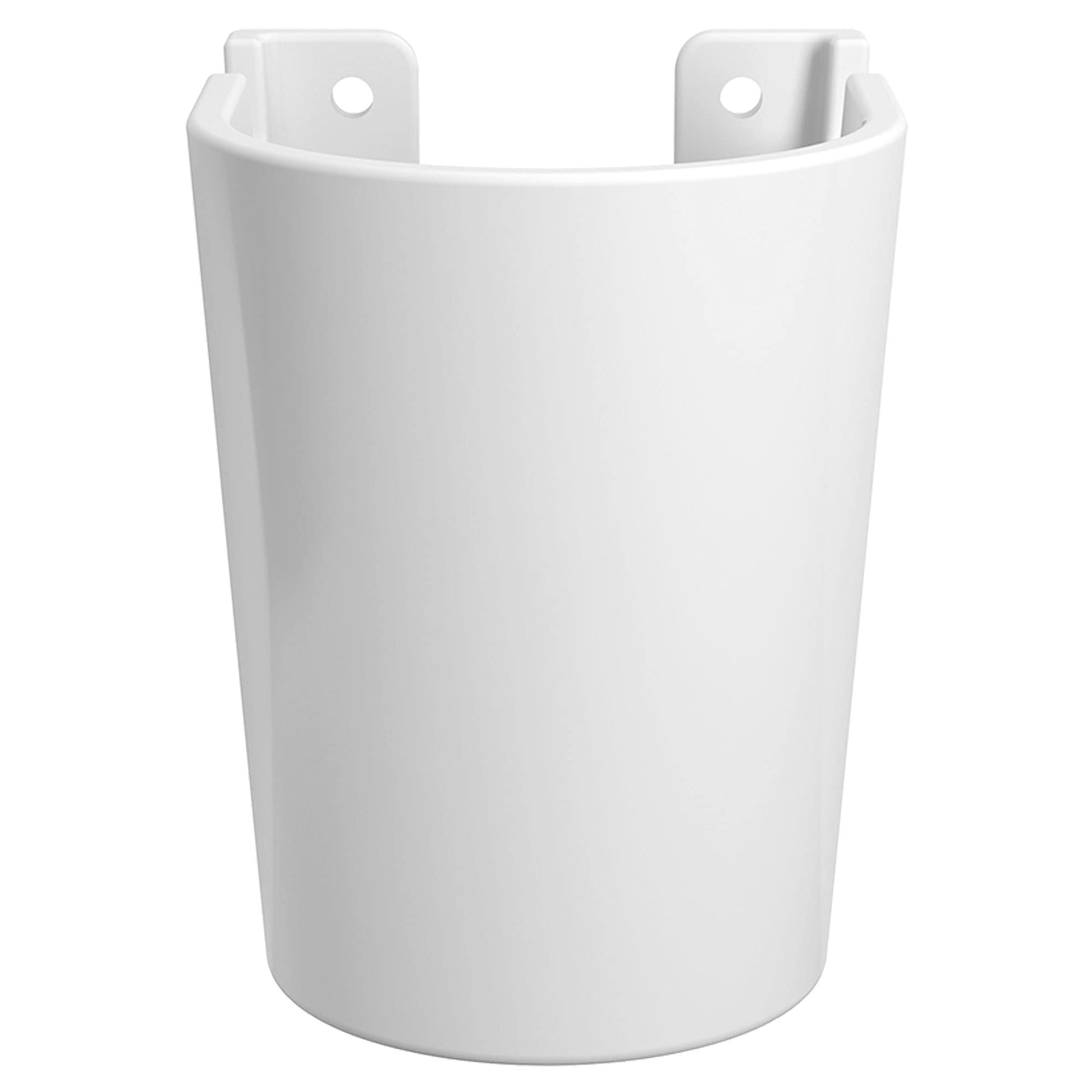 White cylindrical wall-mount shroud with mounting brackets and holes on top corners.