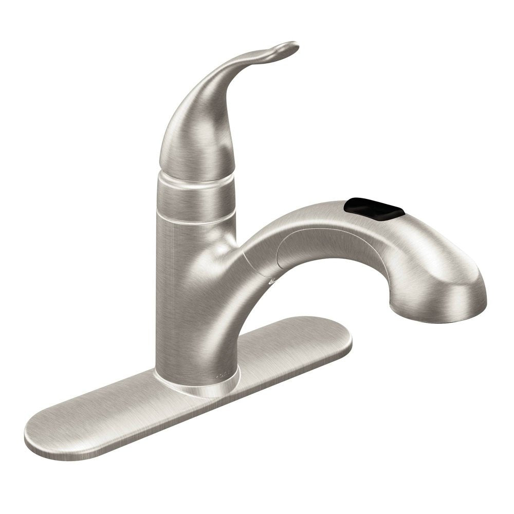 Spot resist stainless steel single handle kitchen faucet with curved spout and wide base platform.