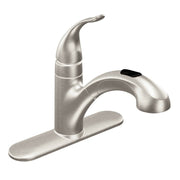 Spot resist stainless steel single handle kitchen faucet with curved spout and wide base platform.