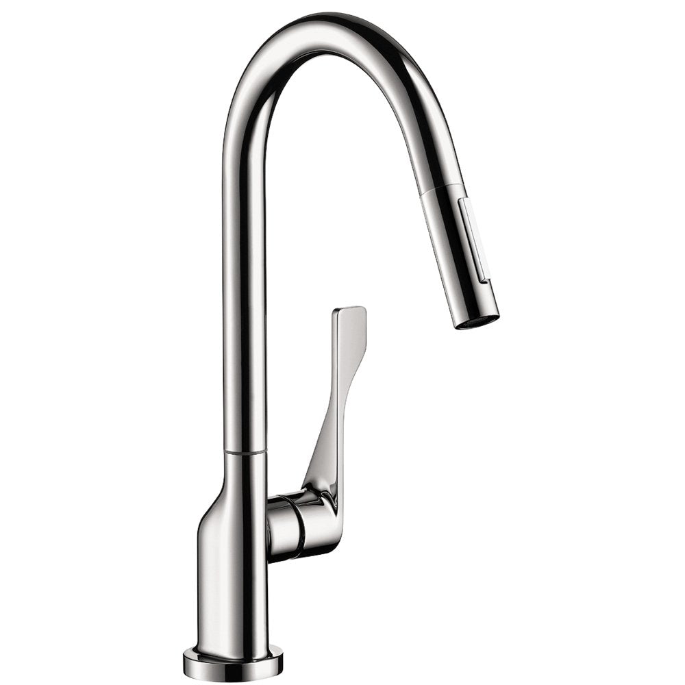 Chrome kitchen faucet with high arc spout, pull-down spray head, and single flat lever handle.