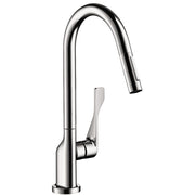 Chrome kitchen faucet with high arc spout, pull-down spray head, and single flat lever handle.