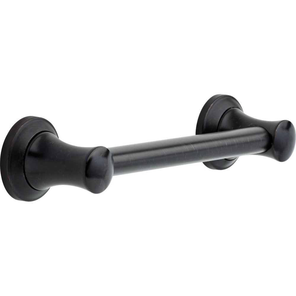 Black cylindrical grab bar with decorative round flanges at each end and knurled grip surface.