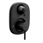 Matte black shower valve trim with upper lever diverter and lower round handle control.