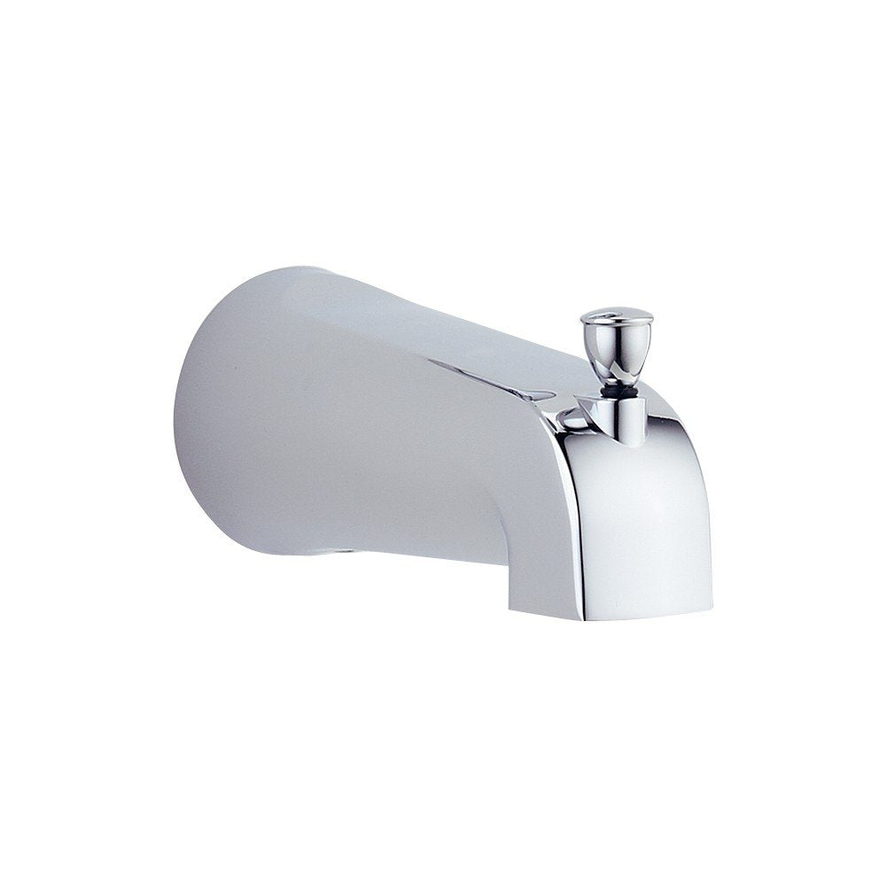 Chrome tub spout with curved body and pull-up diverter lever on right side.