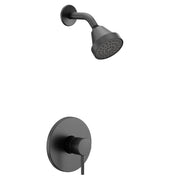 Matte black single-handle shower trim kit with round showerhead and wall-mounted valve escutcheon.