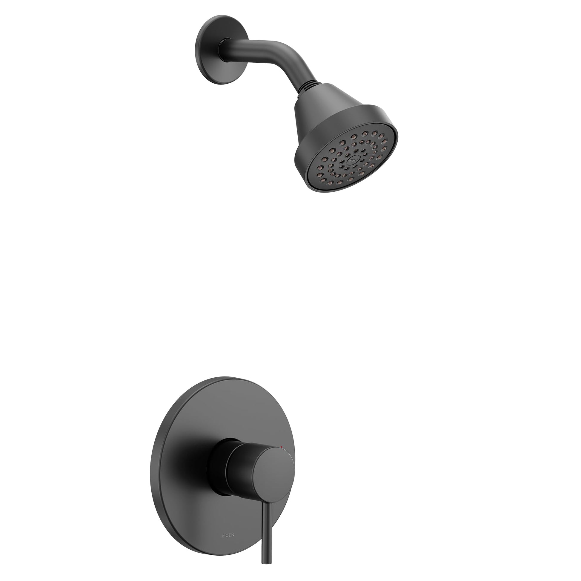 Matte black single-handle shower trim kit with round showerhead and wall-mounted valve escutcheon.