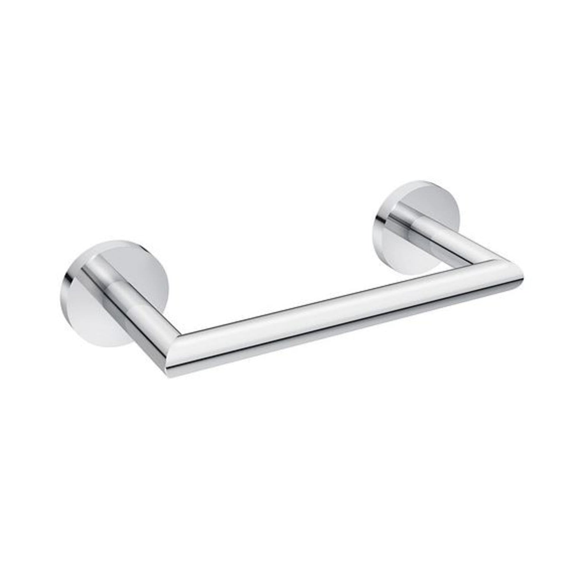 Polished chrome towel bar with cylindrical wall mounts on each end.