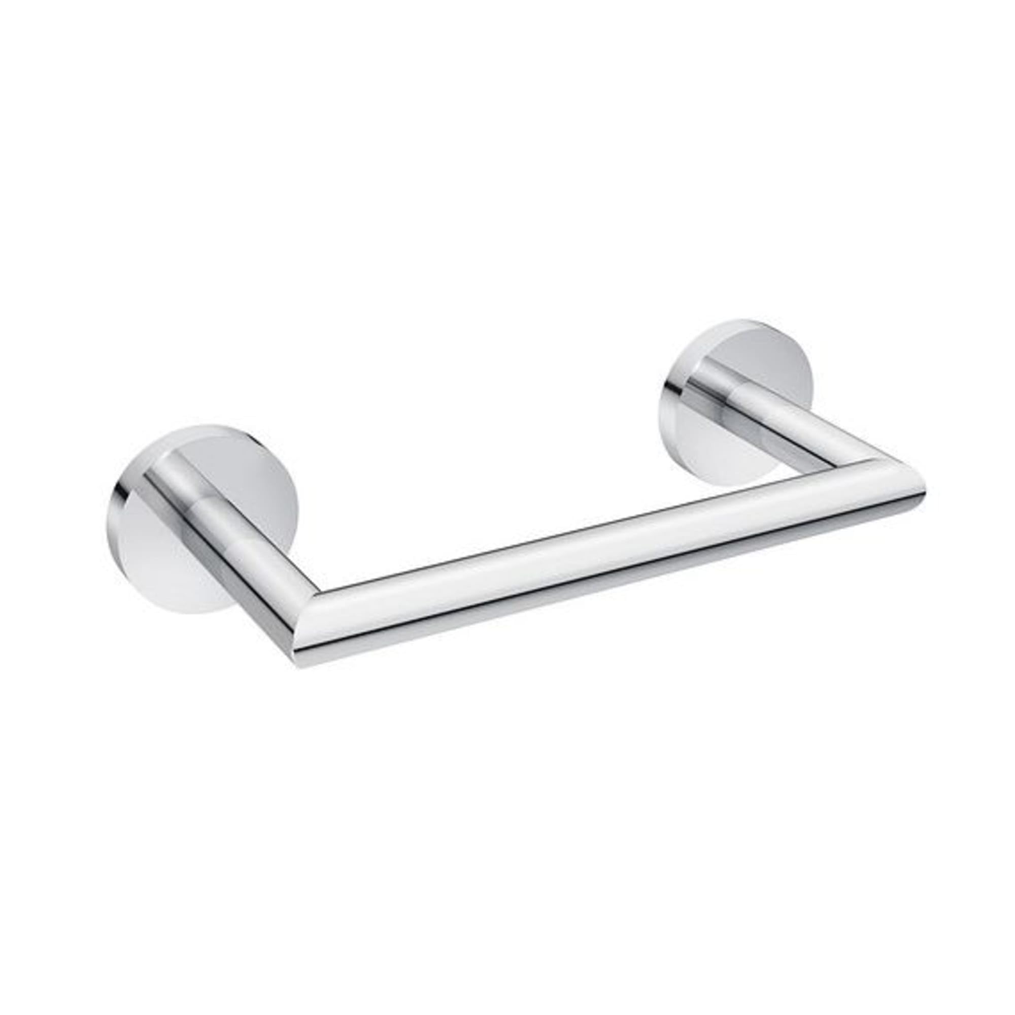 Polished chrome towel bar with cylindrical wall mounts on each end.