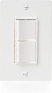 White wall plate with two stacked rectangular rocker switches and mounting screws.