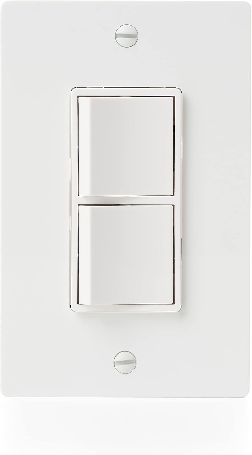 White wall plate with two stacked rectangular rocker switches and mounting screws.