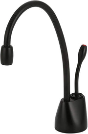 Matte black instant hot water dispenser faucet with curved spout and control handle on base.