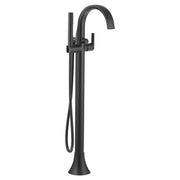 Matte black freestanding bathtub filler with curved spout, single lever handle, and detachable handshower on hose.