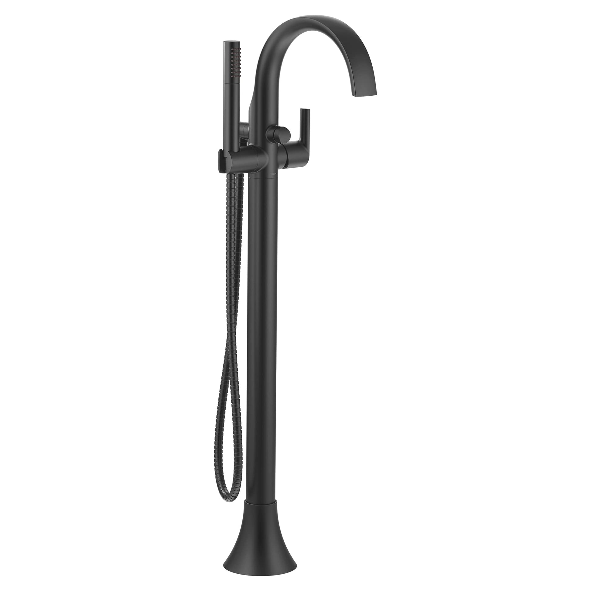 Matte black freestanding bathtub filler with curved spout, single lever handle, and detachable handshower on hose.