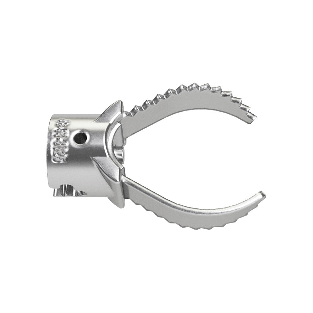 Metal root cutter head with serrated cutting blades and cylindrical attachment collar for sectional cable.