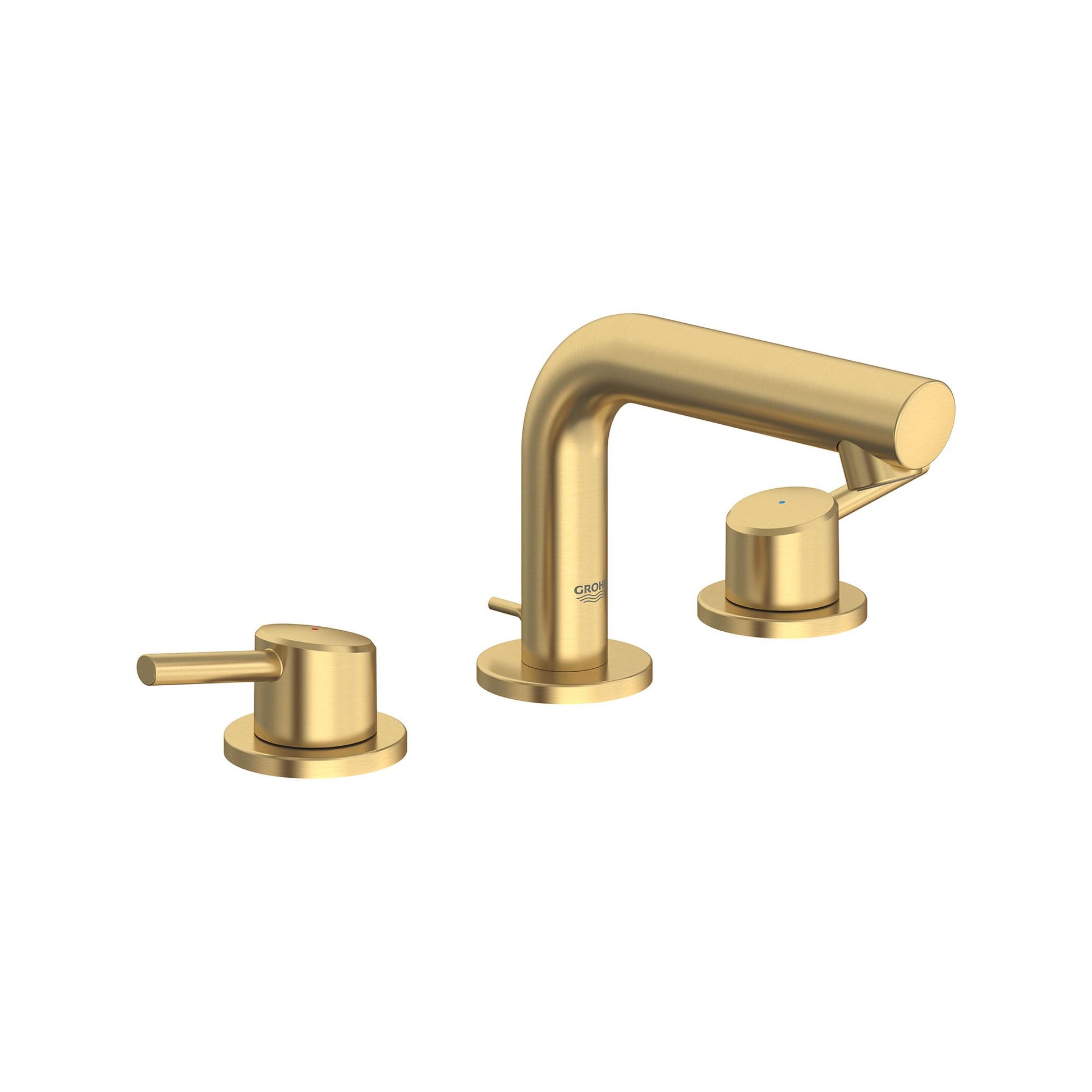 Brushed gold widespread bathroom faucet with curved spout and two cylindrical handles on round bases.