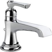 Chrome single-handle bathroom faucet with curved spout and cylindrical base.