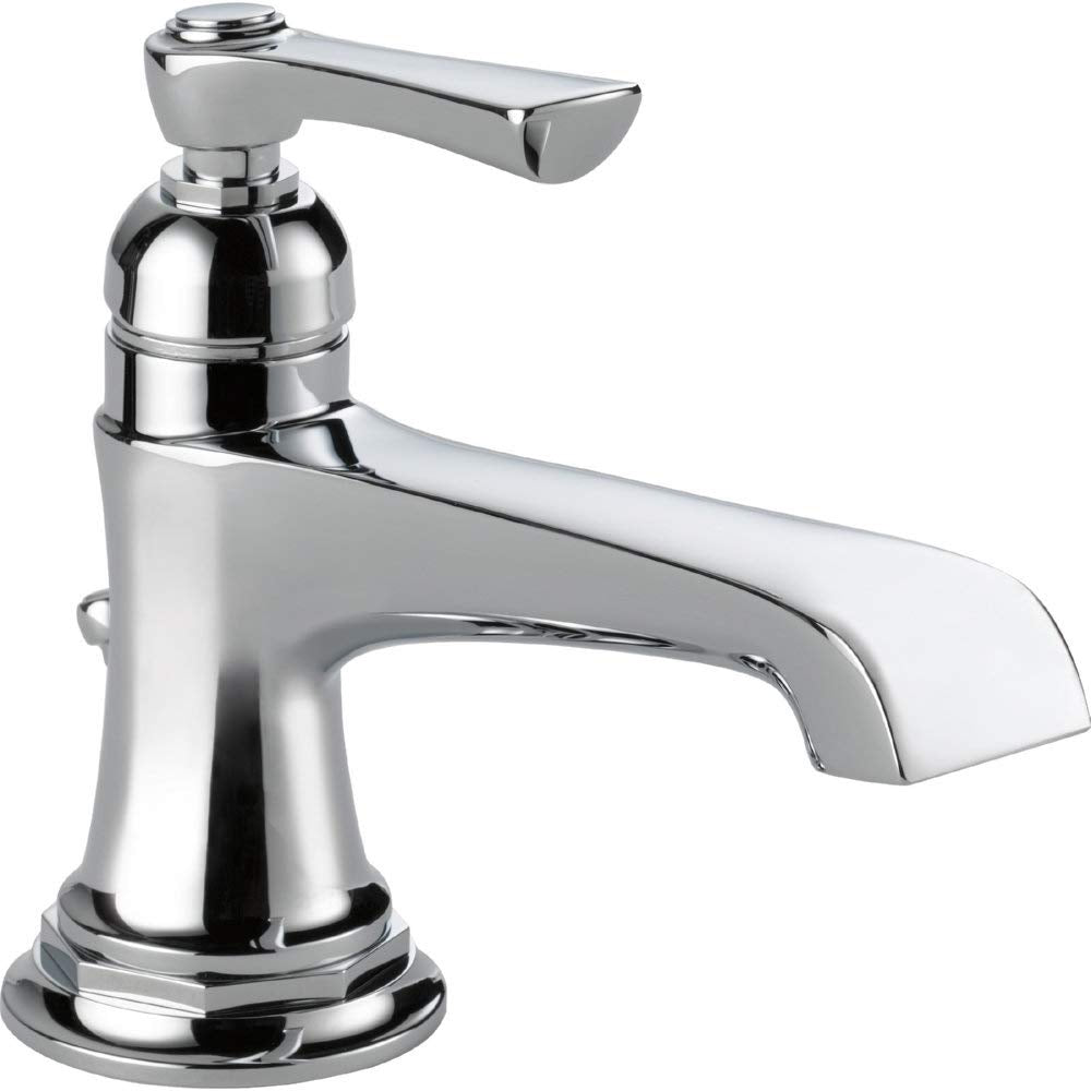 Chrome single-handle bathroom faucet with curved spout and cylindrical base.