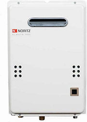 White Noritz tankless water heater with horizontal vent opening, ventilation holes, and control panel mounted on exterior wal