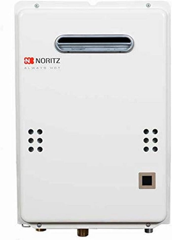 White Noritz tankless water heater with horizontal vent opening, ventilation holes, and control panel mounted on exterior wal