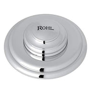 Polished chrome garbage disposal air switch button with ROHL branding and concentric circular design.