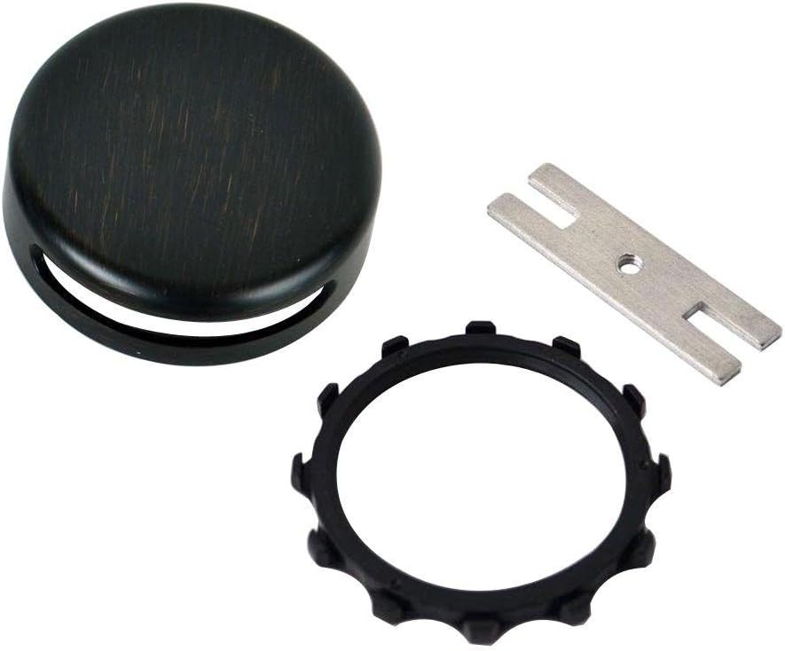 Oil rubbed bronze circular overflow faceplate, black snap-on ring, and metal installation bracket.
