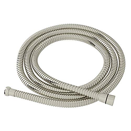 Polished nickel metal shower hose coiled with threaded connectors on both ends.