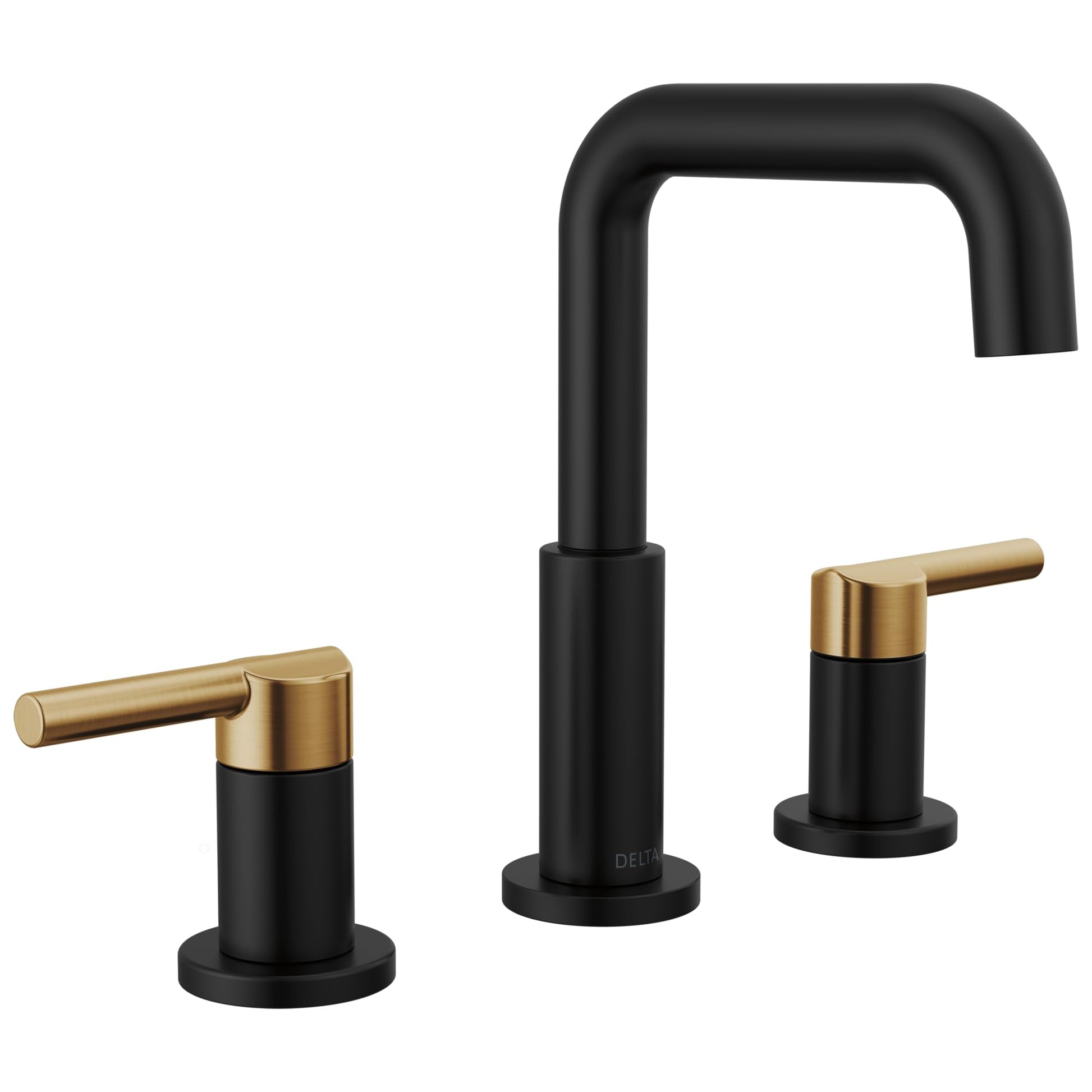 Matte black and champagne bronze two-handle widespread bathroom faucet with arched spout and cylindrical handles.