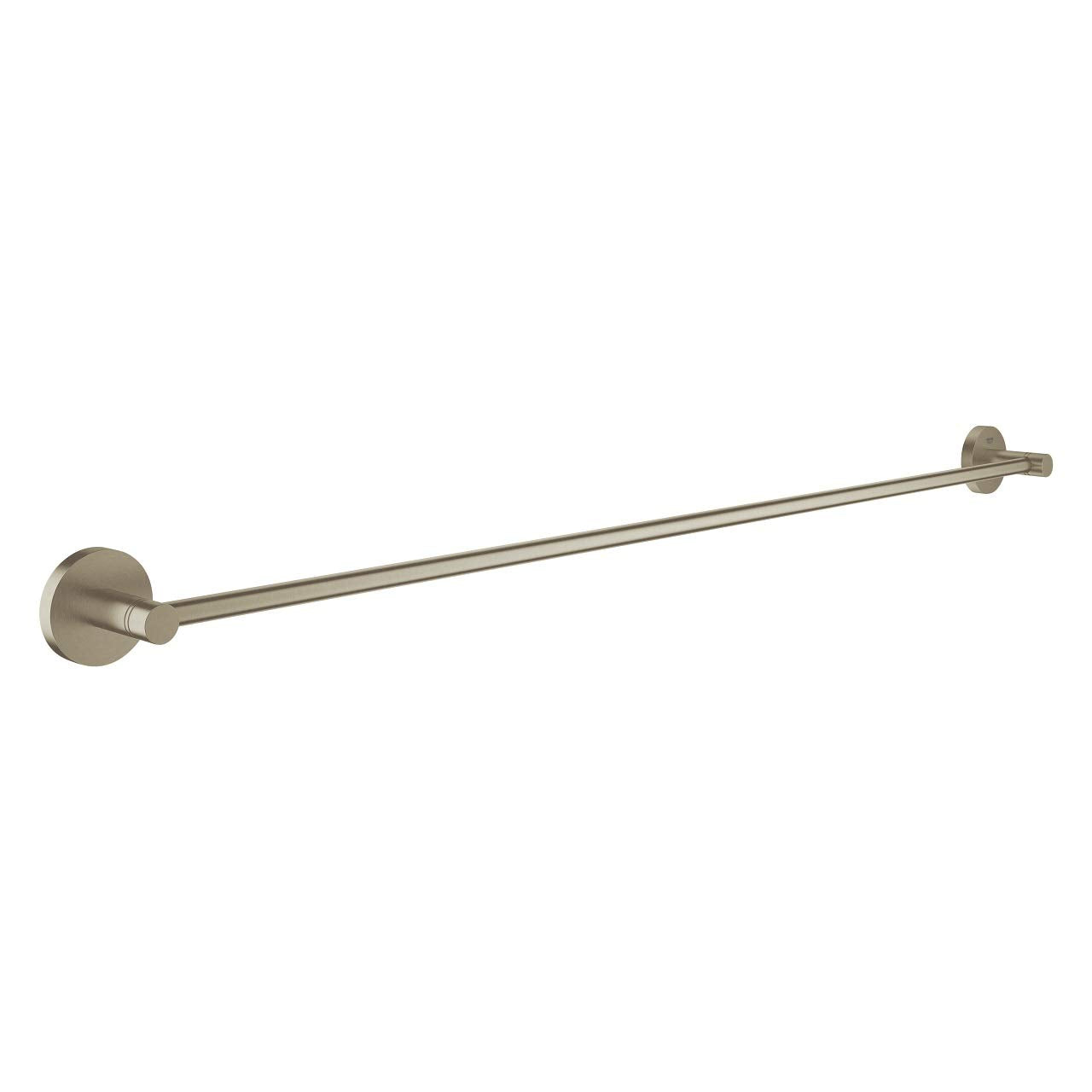 Brushed nickel towel bar with circular wall mounts on each end, approximately 32 inches long.