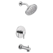 Chrome tub and shower trim kit with single handle valve, round showerhead with spray holes, and tub spout.