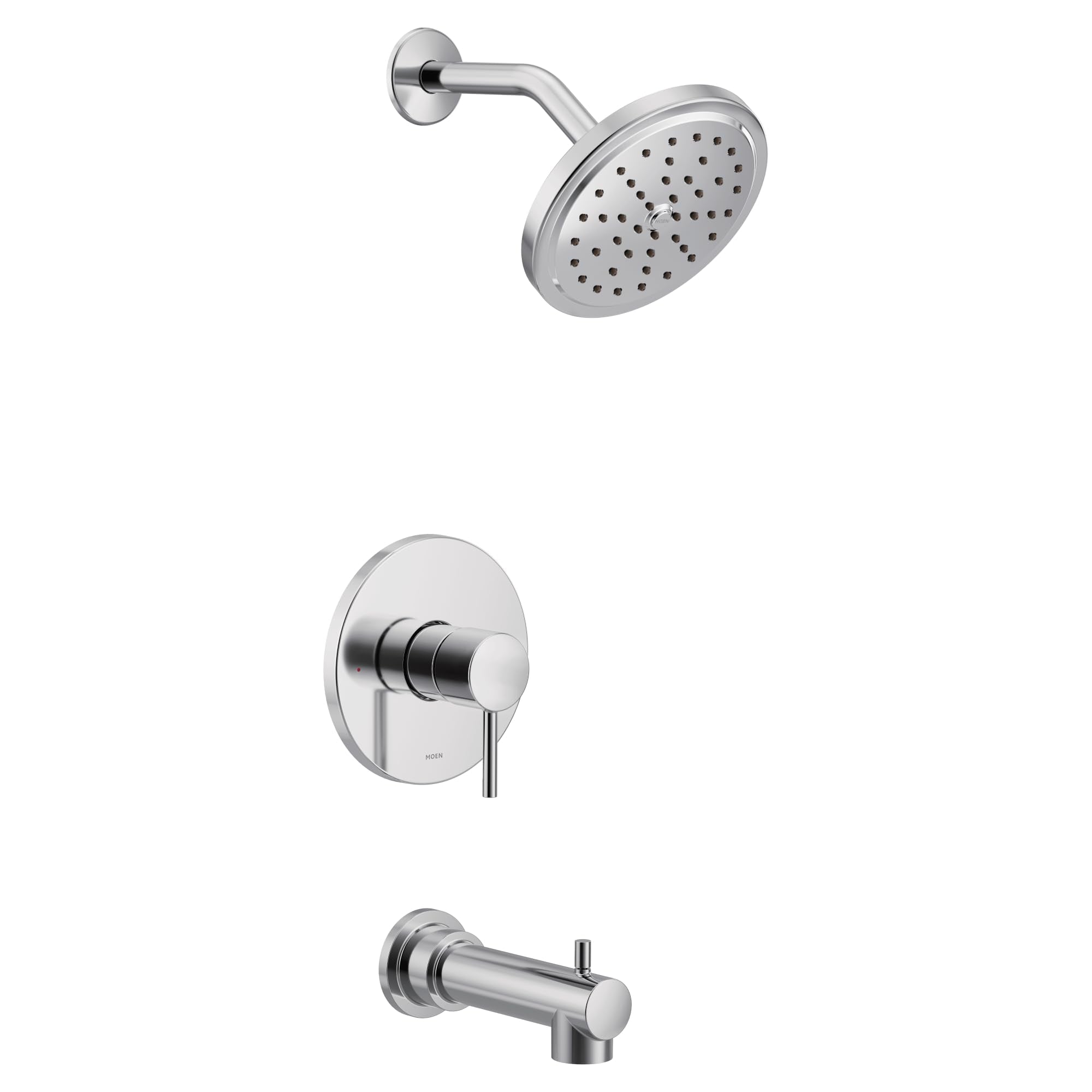 Chrome tub and shower trim kit with single handle valve, round showerhead with spray holes, and tub spout.