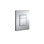 Chrome wall plate with dual rectangular button flush plate in center.