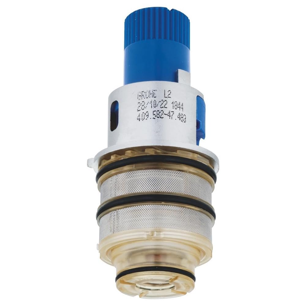 Grohe 3/4" reversed thermostatic cartridge with blue cap, white body, mesh screens, and brass components.