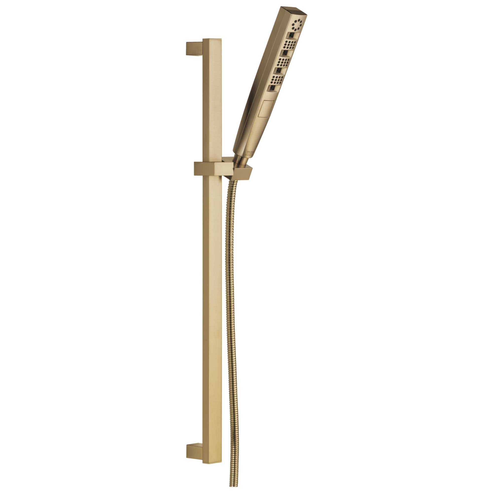 Champagne bronze hand shower with perforated face mounted on vertical slide bar with hose connection.