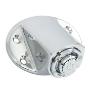 Chrome shower head with round body, perforated spray face, and mounting bracket with three holes.