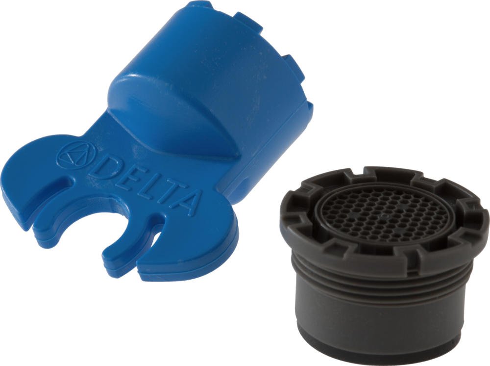 Blue Delta aerator with wrench and black mesh aerator screen insert.