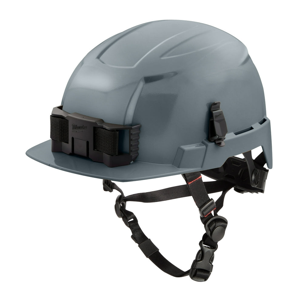 Gray hard hat with front brim, black chin strap, and integrated BOLT attachment system on front.