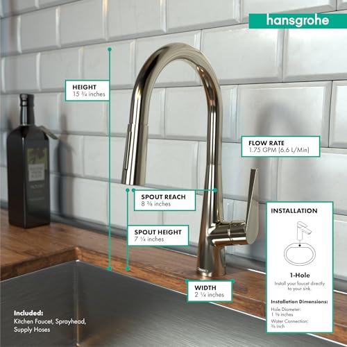 Polished nickel high-arc kitchen faucet with pull-down spray head and curved spout mounted on sink counter.