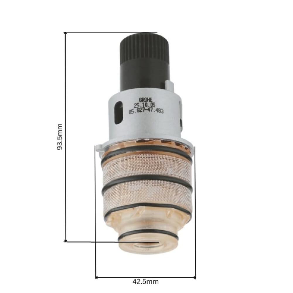 Grohe thermostatic cartridge with white and black upper section, cream-colored mesh and rubber components, 93.5mm tall, 42.5m